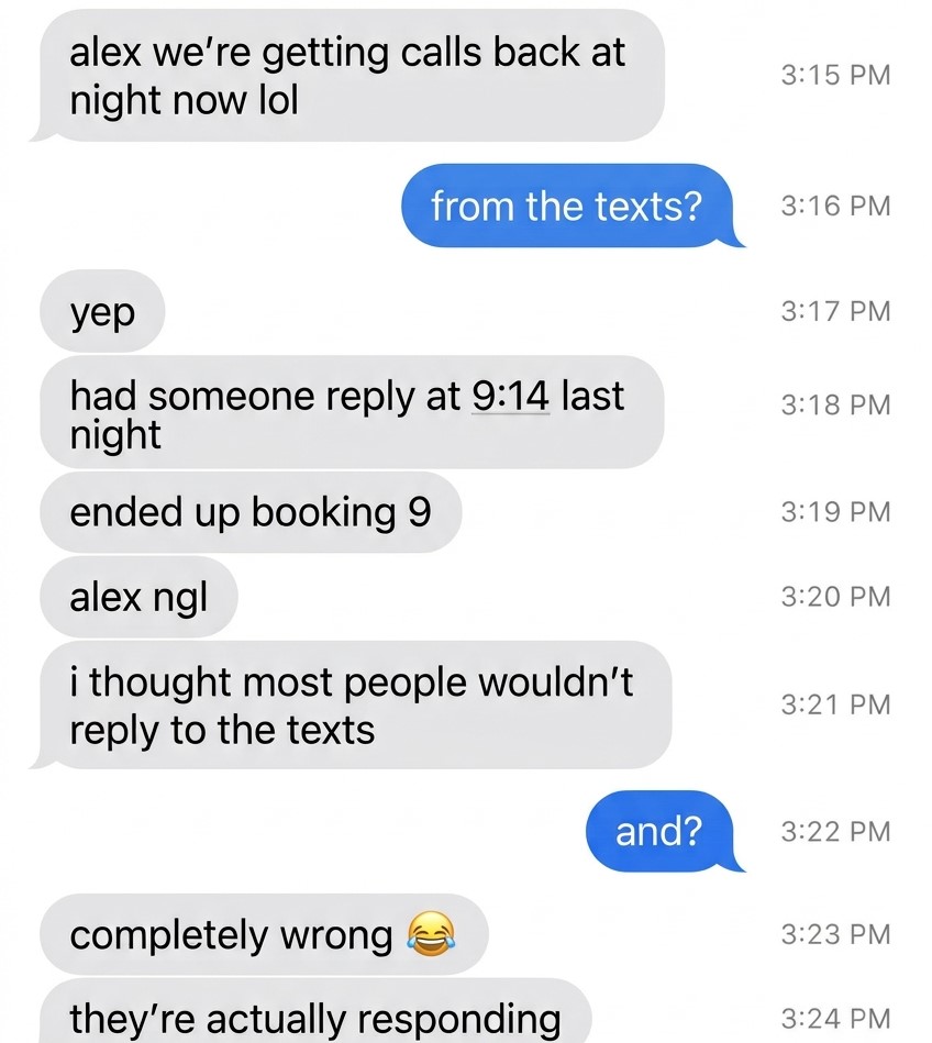 Client conversation about getting replies at night and booking jobs.